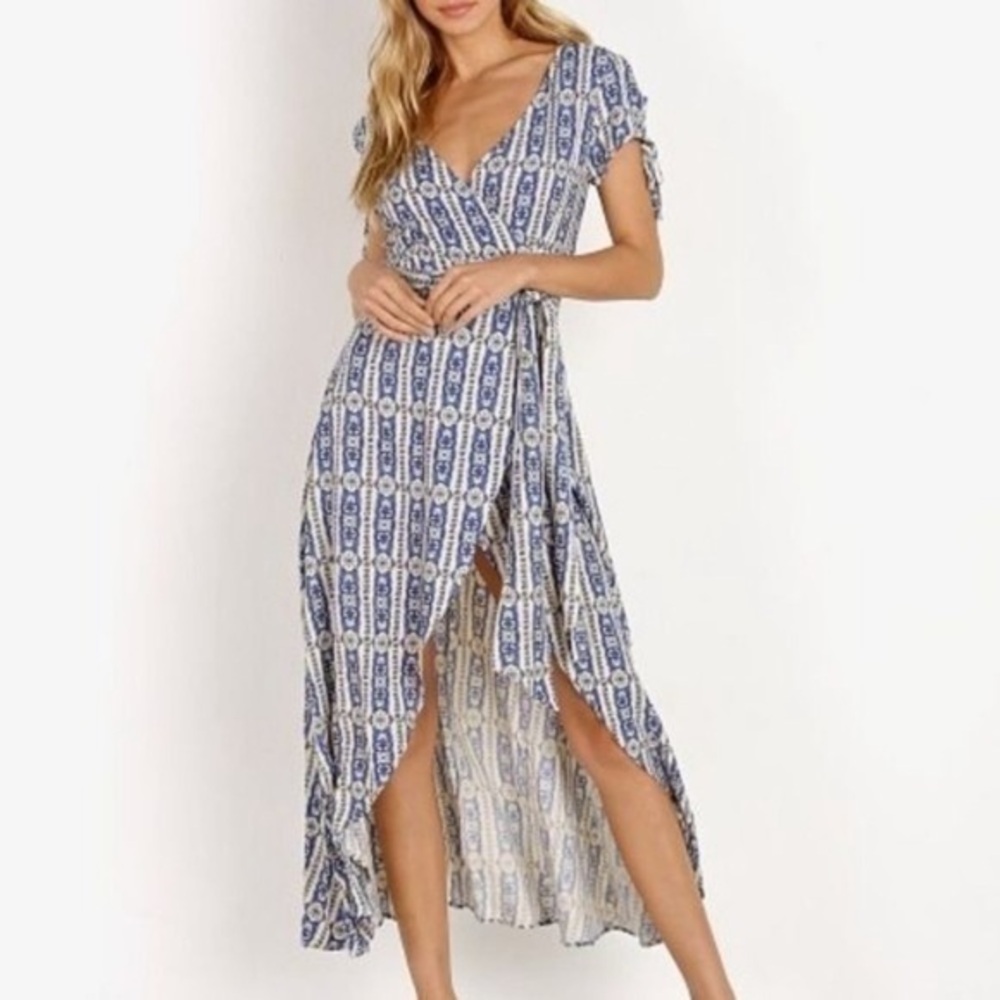 New Cleobella Almudena Printed Wrap Dress Java Azure Blue White Size XS